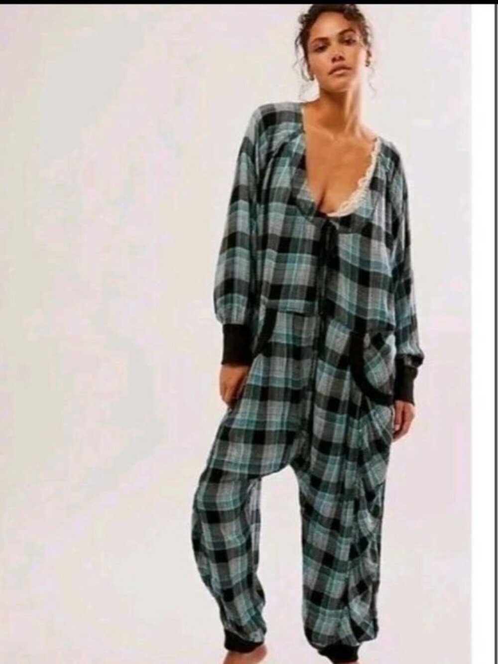 Falling For Flannel Free People Greenish Blue Checkered Romper Size M Oversized - Picture 14 of 15
